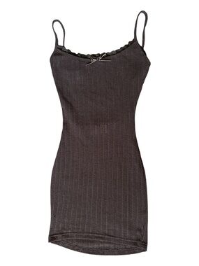 New Pink Brown Open Back Lace Trim Bow Mini Dress